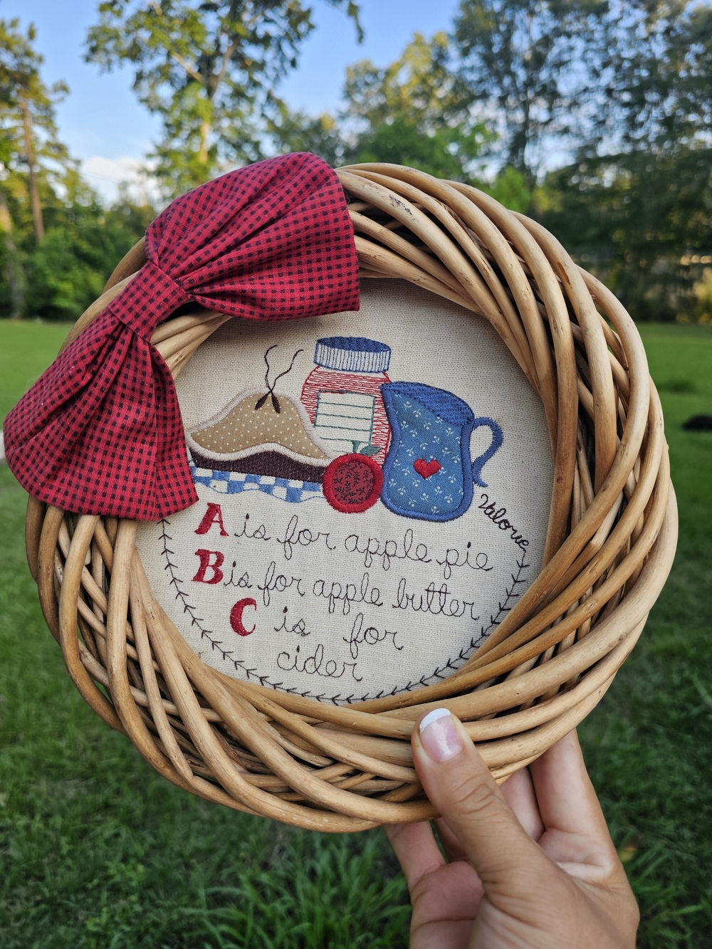 Hand-Embroidered Apple Kitchen Hoop with Red Bow Whreat 9"